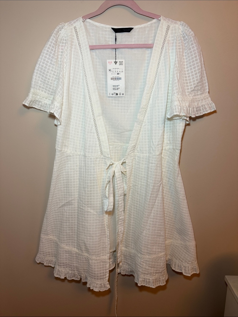 Zara White Tie-Front Swim Coverup with Ruffle Trim